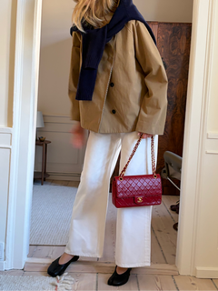 Eva Meloche in the Liz Coat in Burnt Butter styled with the Jamie jean in Bright White